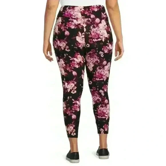 Terra & Sky Womens Plus Fitted Leggings Size 2X High Rise Berry Floral Print - Picture 3 of 10